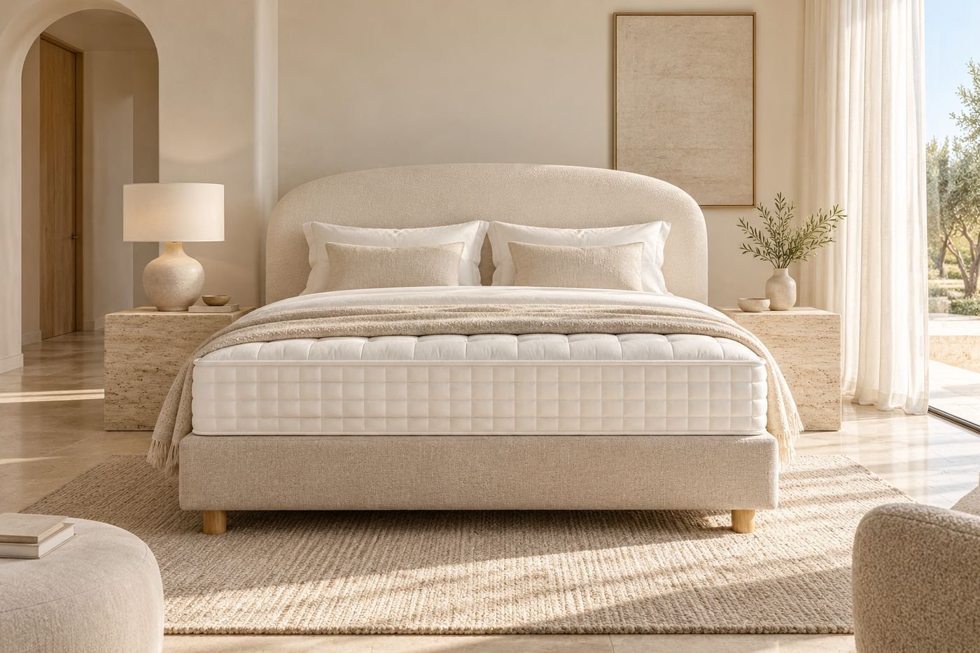 Chambre lumineuse avec un lit garni de coussins, tons beige et blanc