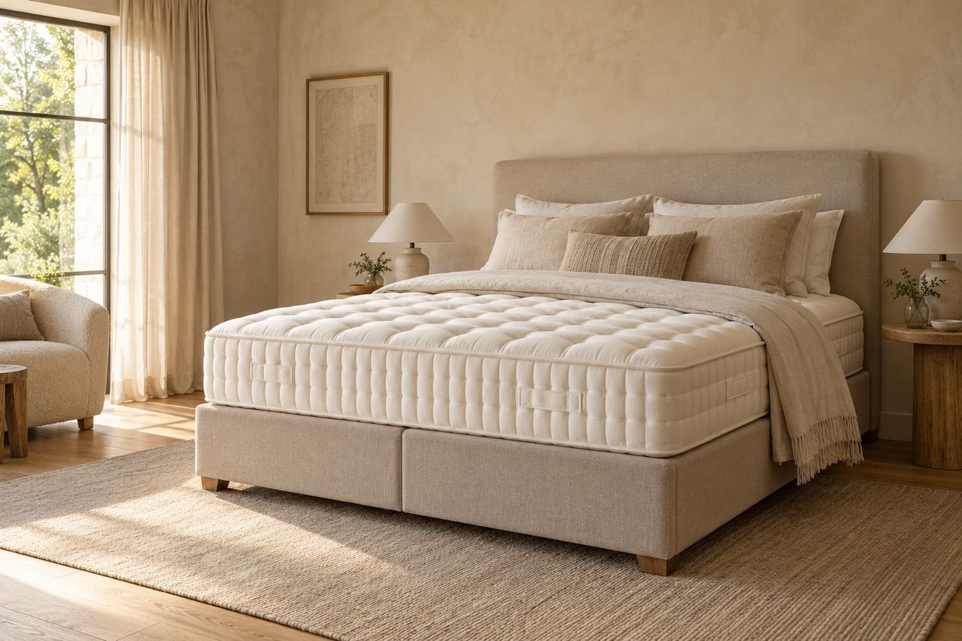 Chambre d'hôtel lumineuse avec grand lit, linge beige et blanc